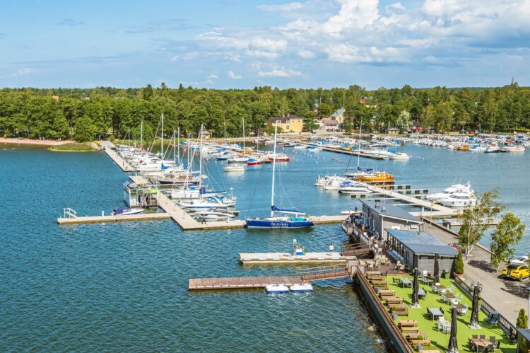 Sunny view across Syväraumanlahti marina in Rauma.